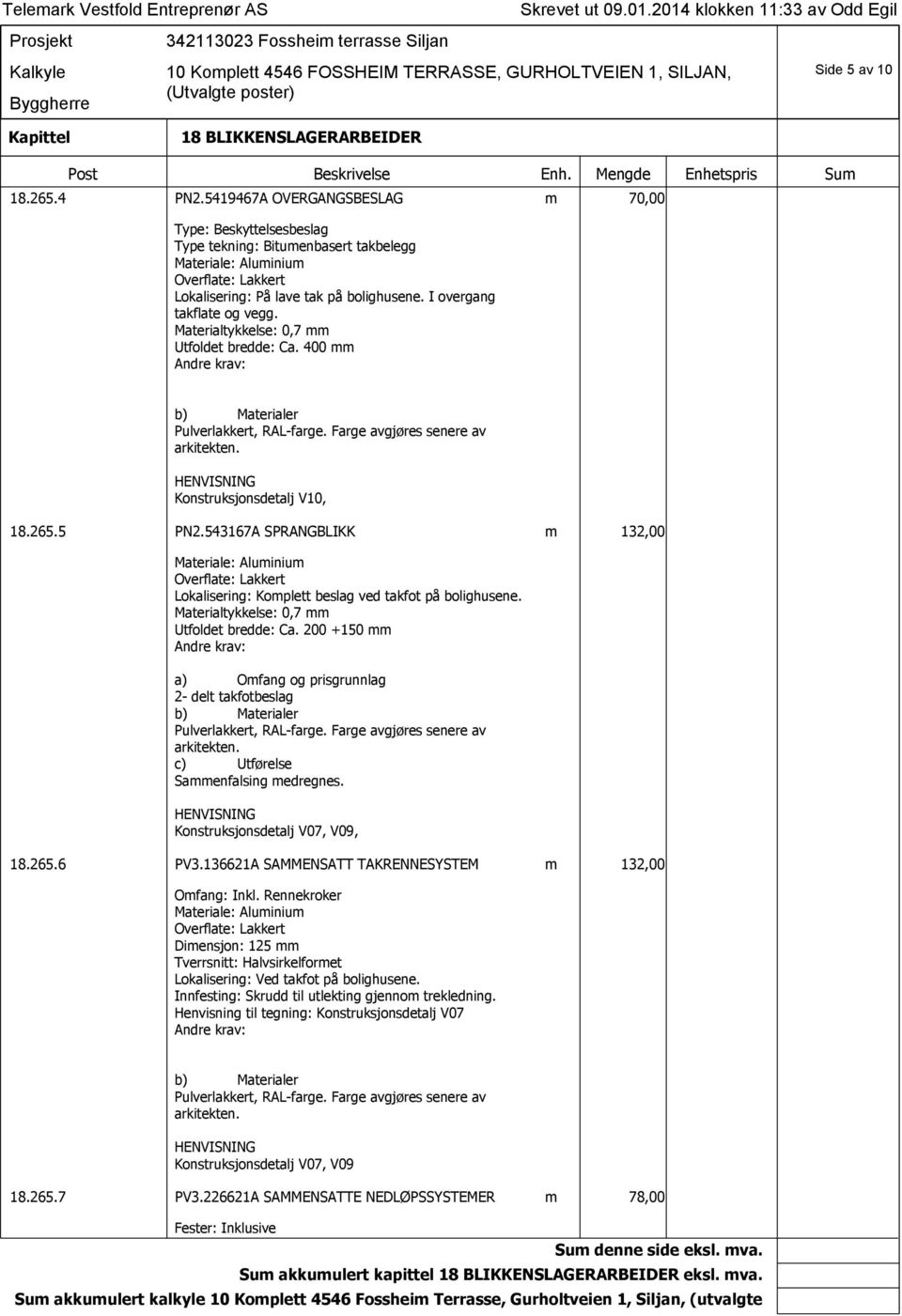 200 +150 mm a) Omfang og prisgrunnlag 2- delt takfotbeslag Sammenfalsing medregnes. Konstruksjonsdetalj V07, V09, 18.265.6 PV3.136621A SAMMENSATT TAKRENNESYSTEM m 132,00 Omfang: Inkl.