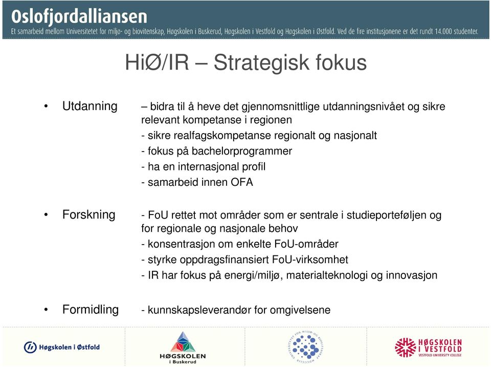 rettet mot områder som er sentrale i studieporteføljen og for regionale og nasjonale behov - konsentrasjon om enkelte FoU-områder - styrke