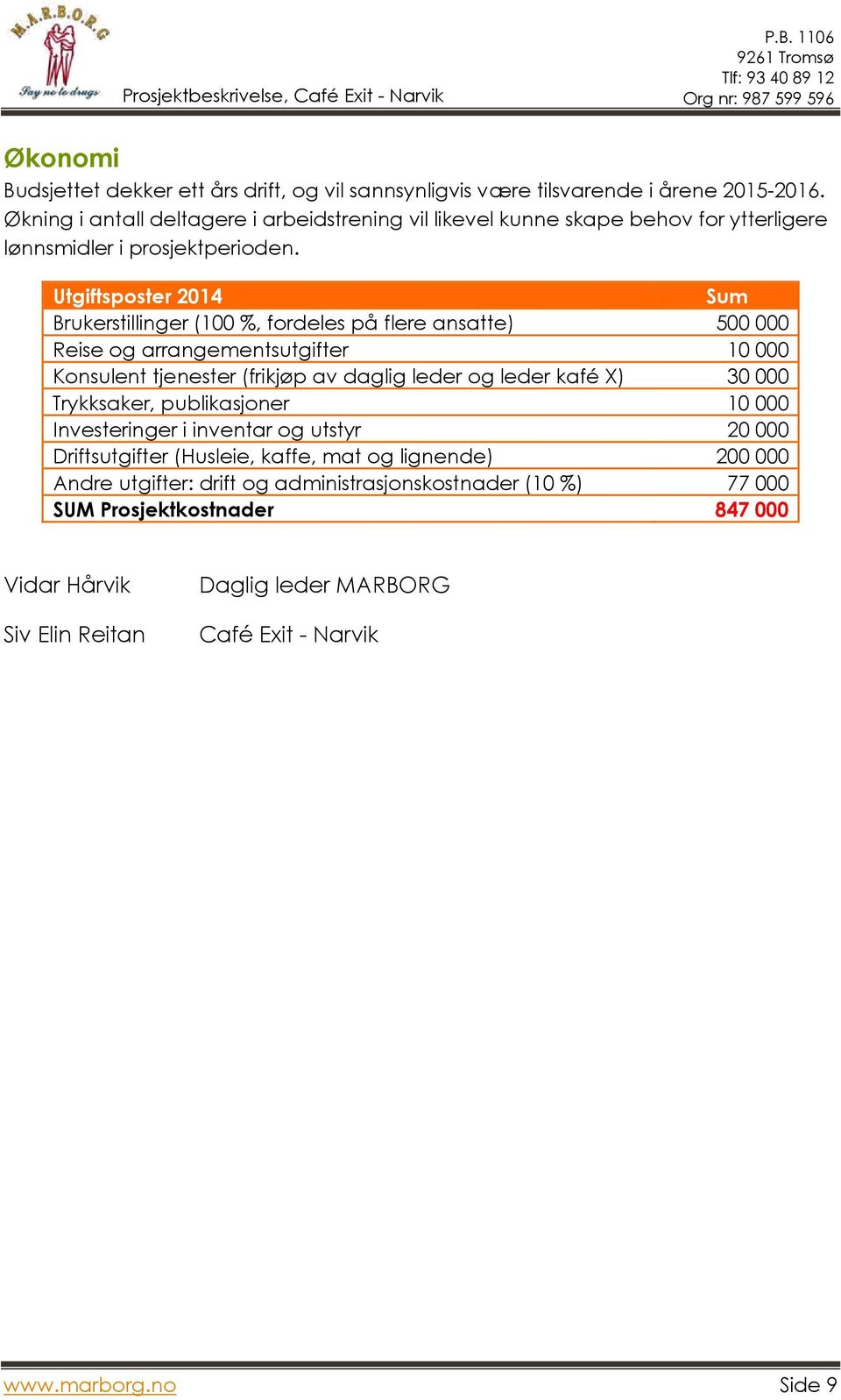 Utgiftsposter 2014 Sum Brukerstillinger (100 %, fordeles på flere ansatte) 500 000 Reise og arrangementsutgifter 10 000 Konsulent tjenester (frikjøp av daglig leder og leder kafé