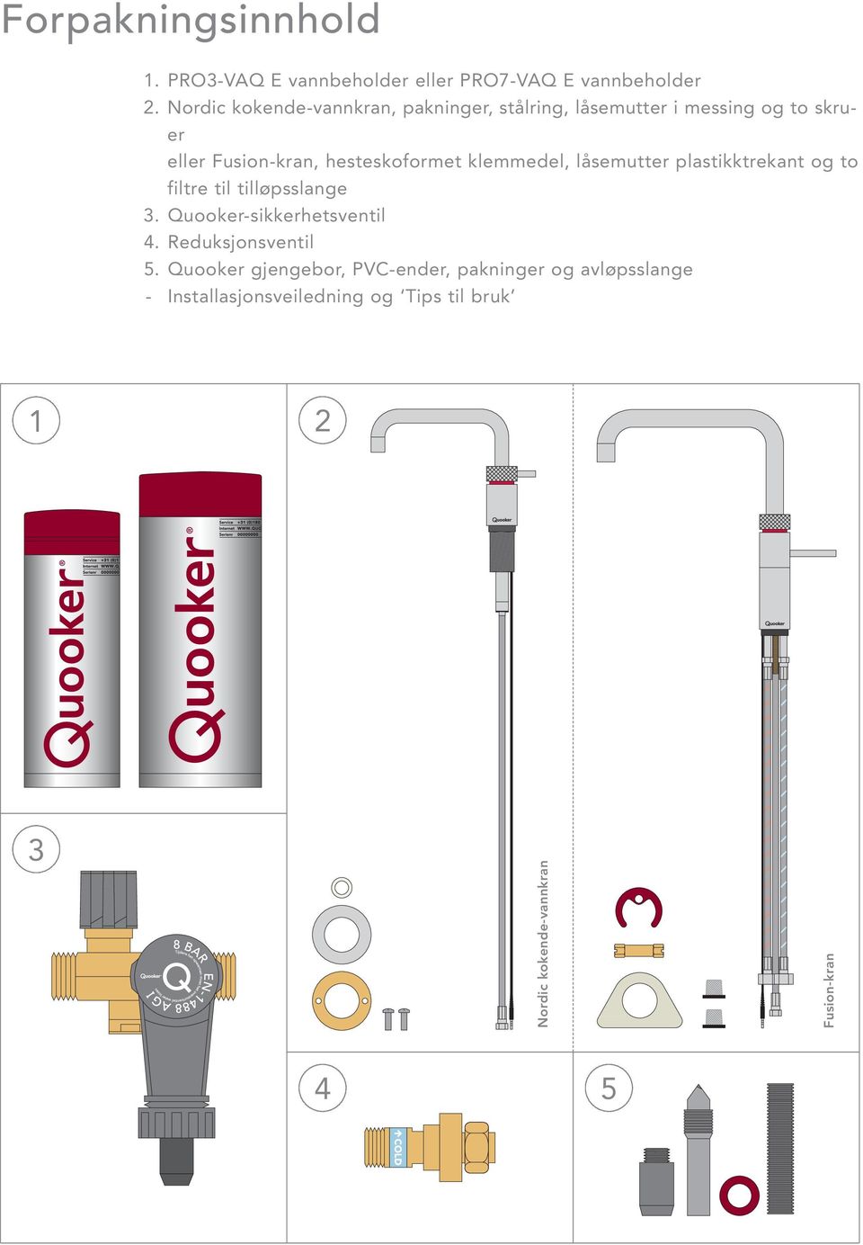 klemmedel, låsemutter plastikktrekant og to filtre til tilløpsslange 3. Quooker-sikkerhetsventil 4.