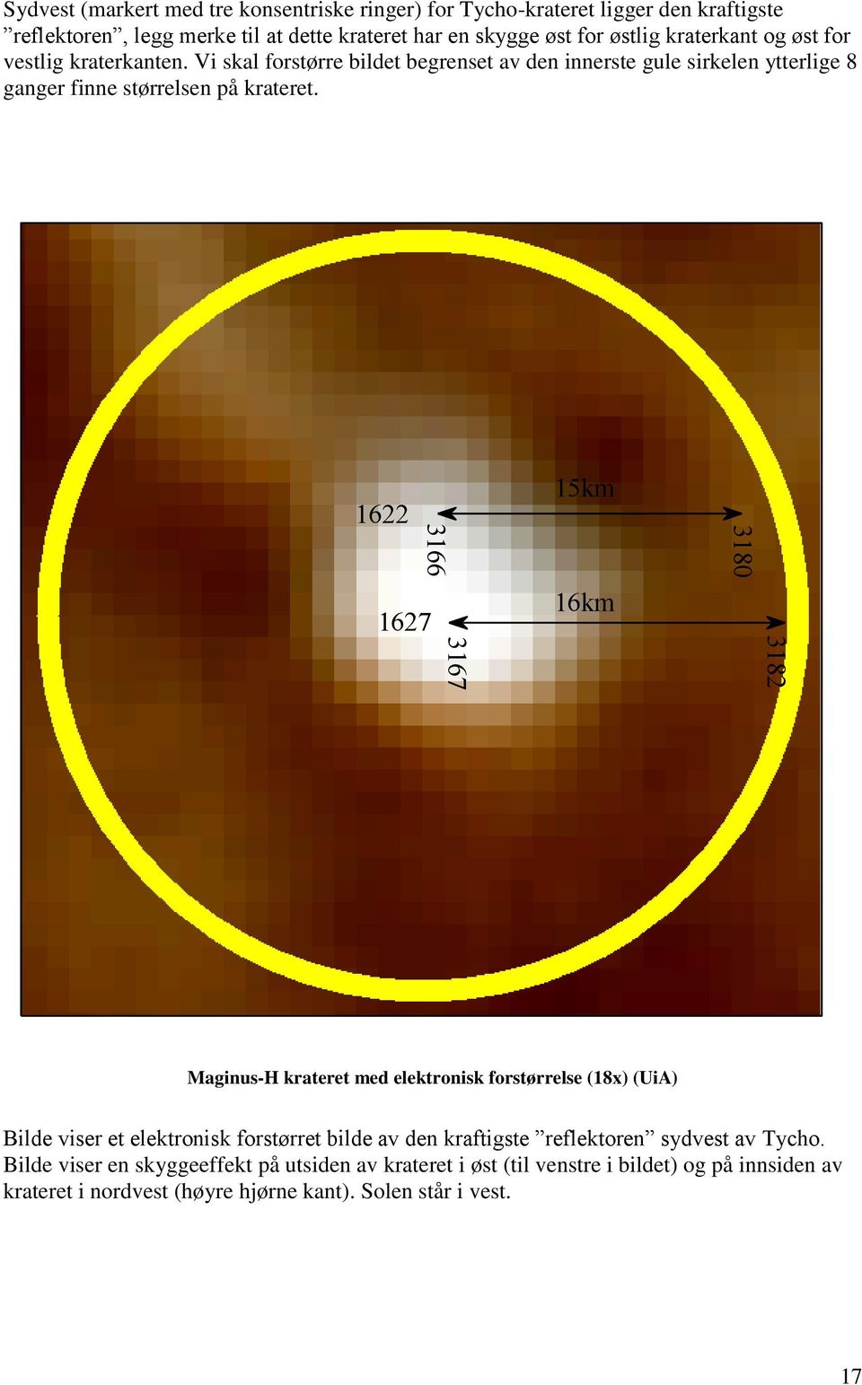 1622 1627 3166 3167 15km 16km 3180 3182 Maginus-H krateret med elektronisk orstørrelse (18x) (UiA) Bilde viser et elektronisk orstørret bilde av den kratigste