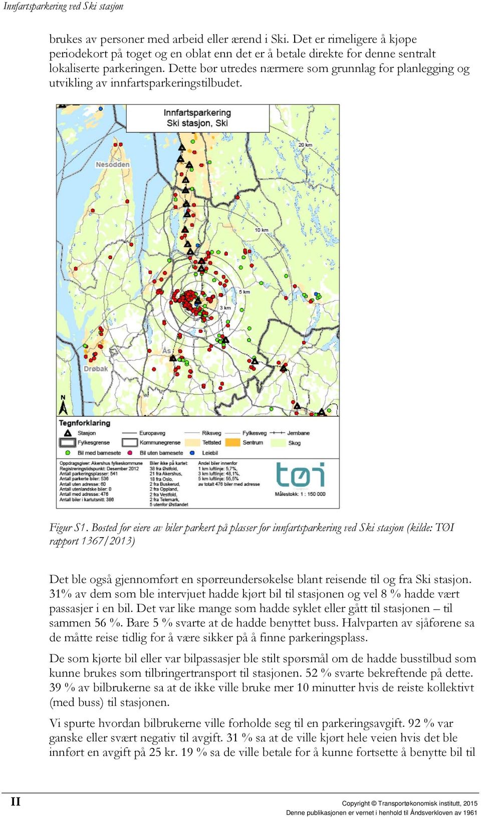 Bosted for eiere av biler parkert på plasser for innfartsparkering ved Ski stasjon (kilde: TØI rapport 1367/2013) Det ble også gjennomført en spørreundersøkelse blant reisende til og fra Ski stasjon.