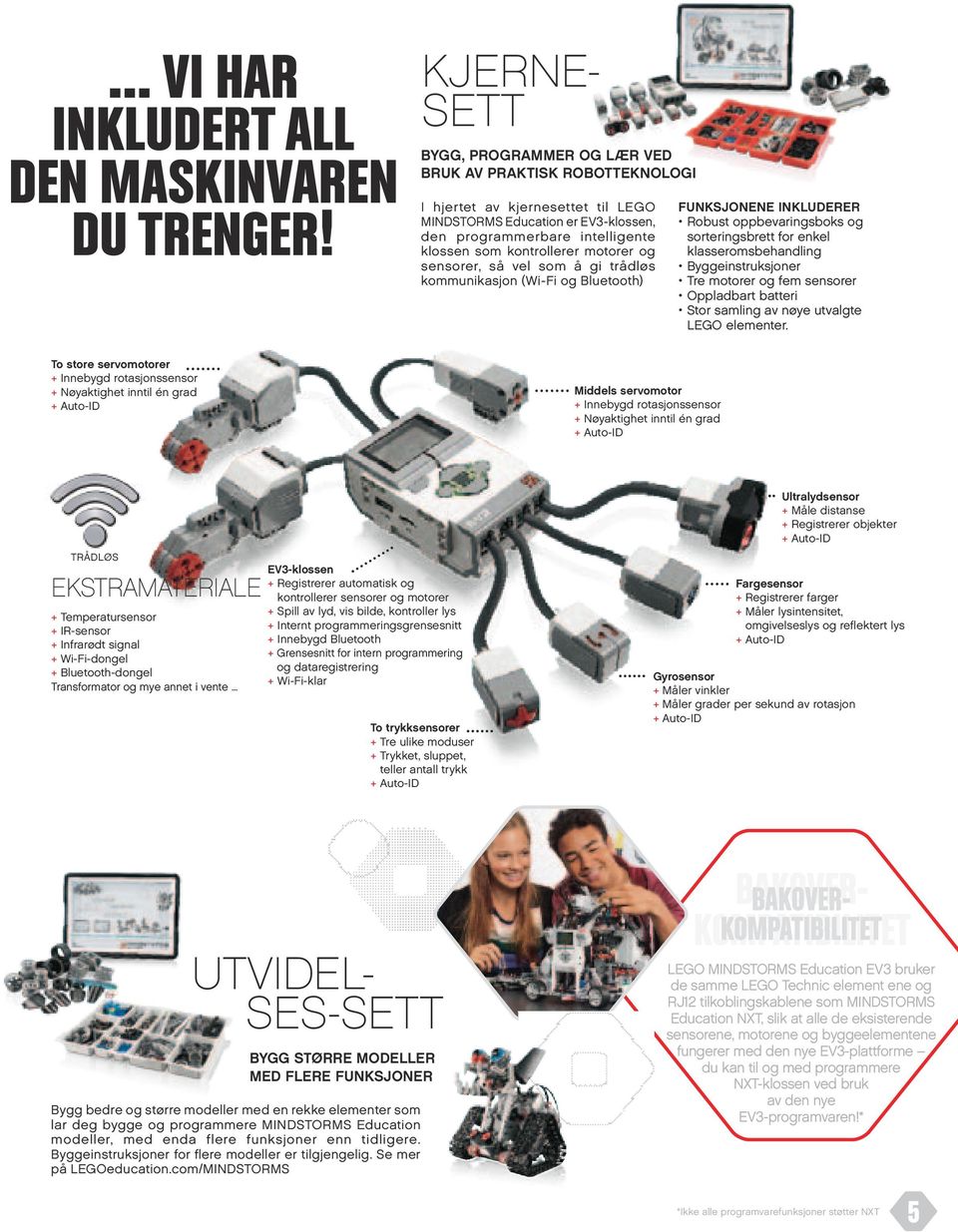 sensorer, så vel som å gi trådløs kommunikasjon (Wi-Fi og Bluetooth) Funksjonene inkluderer Robust oppbevaringsboks og sorteringsbrett for enkel klasseromsbehandling Byggeinstruksjoner Tre motorer og