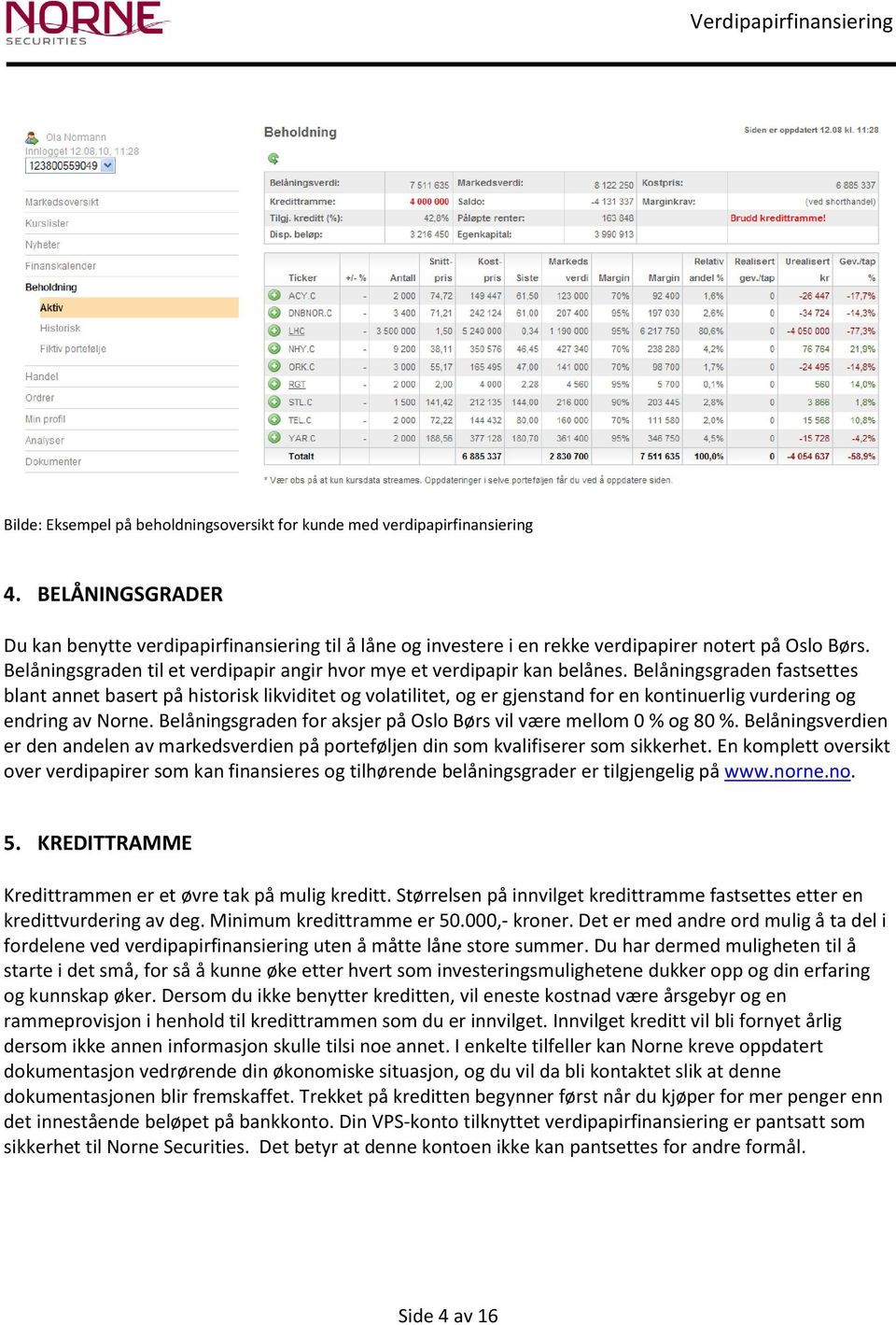 Belåningsgraden fastsettes blant annet basert på historisk likviditet og volatilitet, og er gjenstand for en kontinuerlig vurdering og endring av Norne.