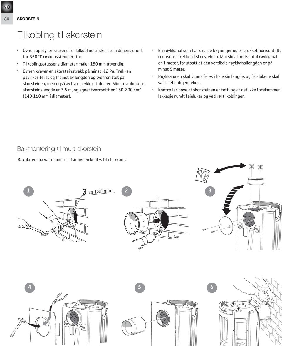 Minste anbefalte skorsteinslengde er 3,5 m, og egnet tverrsnitt er 150-200 cm² (140-160 mm i diameter).