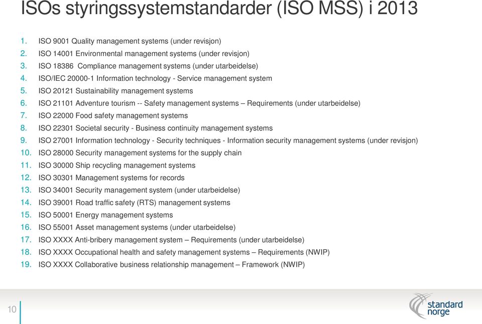 ISO 21101 Adventure tourism -- Safety management systems Requirements (under utarbeidelse) 7. ISO 22000 Food safety management systems 8.