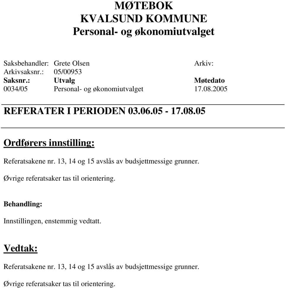 13, 14 og 15 avslås av budsjettmessige grunner. Øvrige referatsaker tas til orientering.