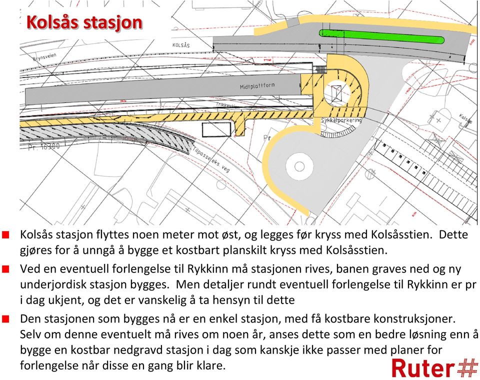 Men detaljer rundt eventuell forlengelse til Rykkinn er pr i dag ukjent, og det er vanskelig å ta hensyn til dette Den stasjonen som bygges nå er en enkel stasjon, med få