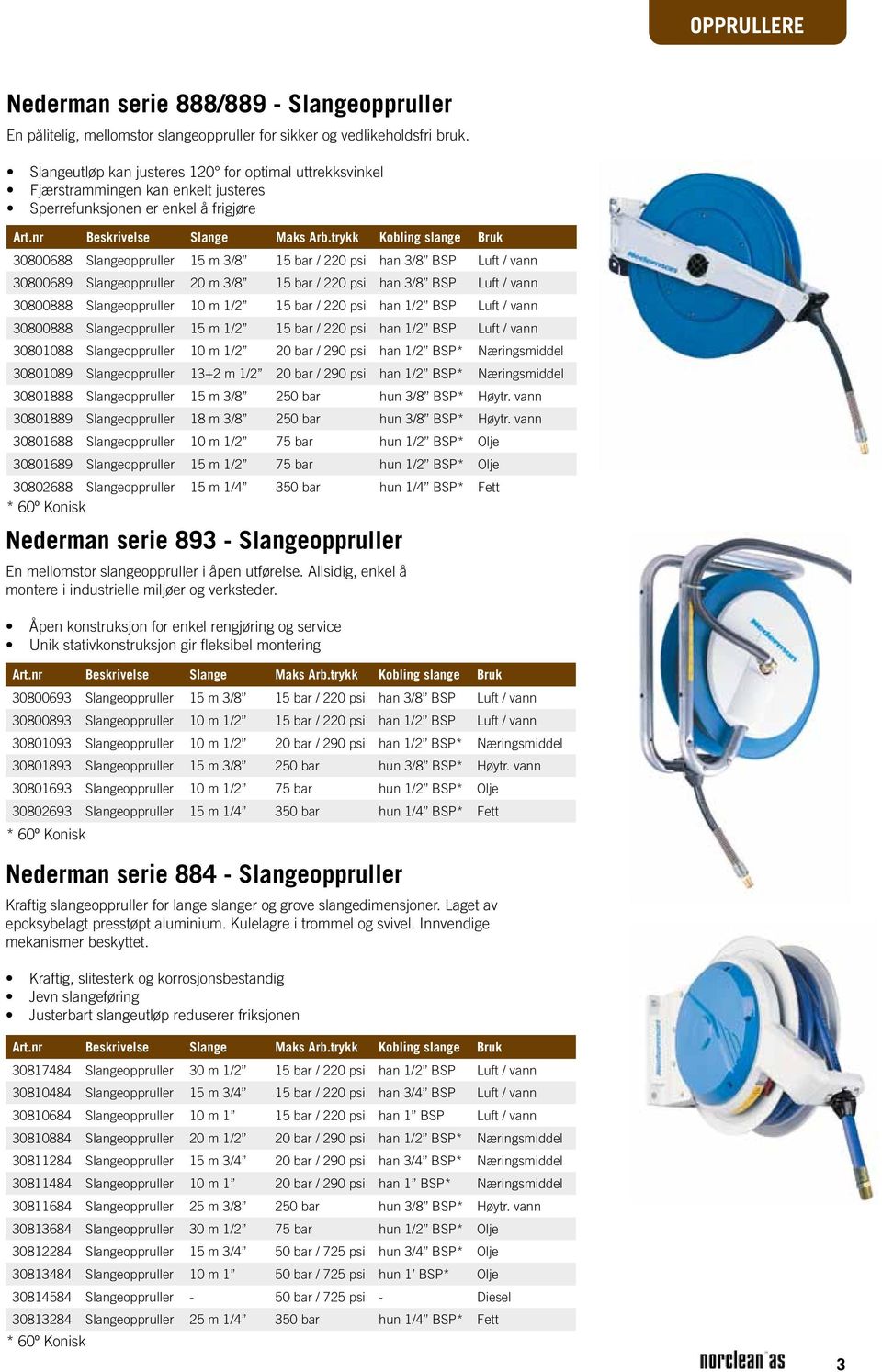 vann 30800689 Slangeoppruller 20 m 3/8 15 bar / 220 psi han 3/8 BSP Luft / vann 30800888 Slangeoppruller 10 m 1/2 15 bar / 220 psi han 1/2 BSP Luft / vann 30800888 Slangeoppruller 15 m 1/2 15 bar /