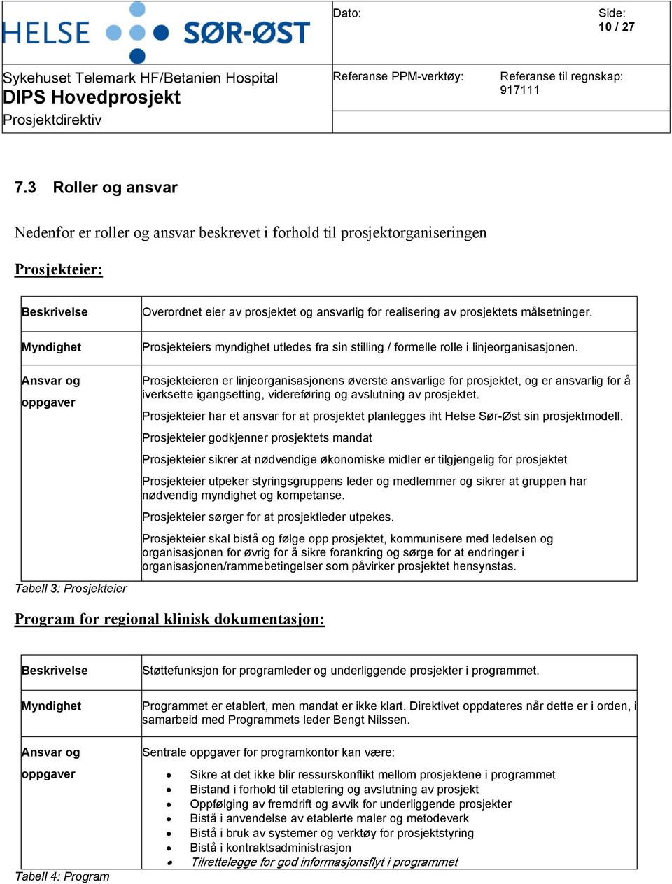 målsetninger. Myndighet Ansvar og oppgaver Tabell 3: Prosjekteier Prosjekteiers myndighet utledes fra sin stilling / formelle rolle i linjeorganisasjonen.