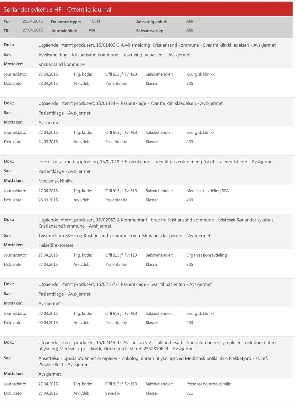 2015 Arkivdel: Pasientarkiv 433 Internt notat med oppfølging, 15/02048-3 Pasientklage - brev til pasienten med påskrift fra enhetsleder - Pasientklage - Medisinsk klinikk Medisinsk avdeling SSA Dok.