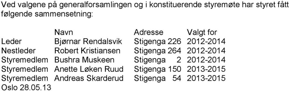 Robert Kristiansen Stigenga 264 2012-2014 Styremedlem Bushra Muskeen Stigenga 2 2012-2014