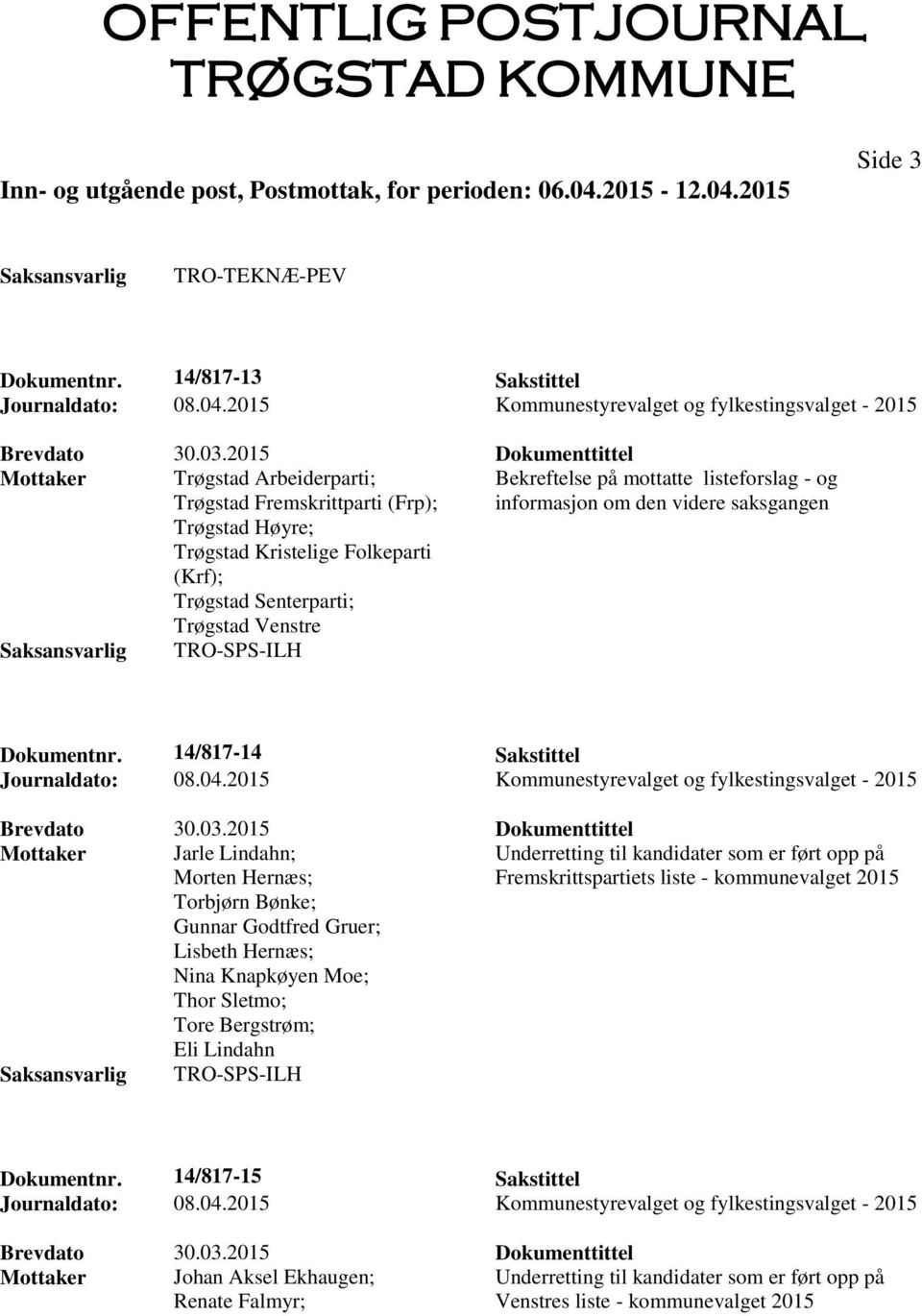 Folkeparti (Krf); Trøgstad Senterparti; Trøgstad Venstre TRO-SPS-ILH Dokumentnr. 14/817-14 Sakstittel Journaldato: 08.04.2015 Kommunestyrevalget og fylkestingsvalget - 2015 Brevdato 30.03.
