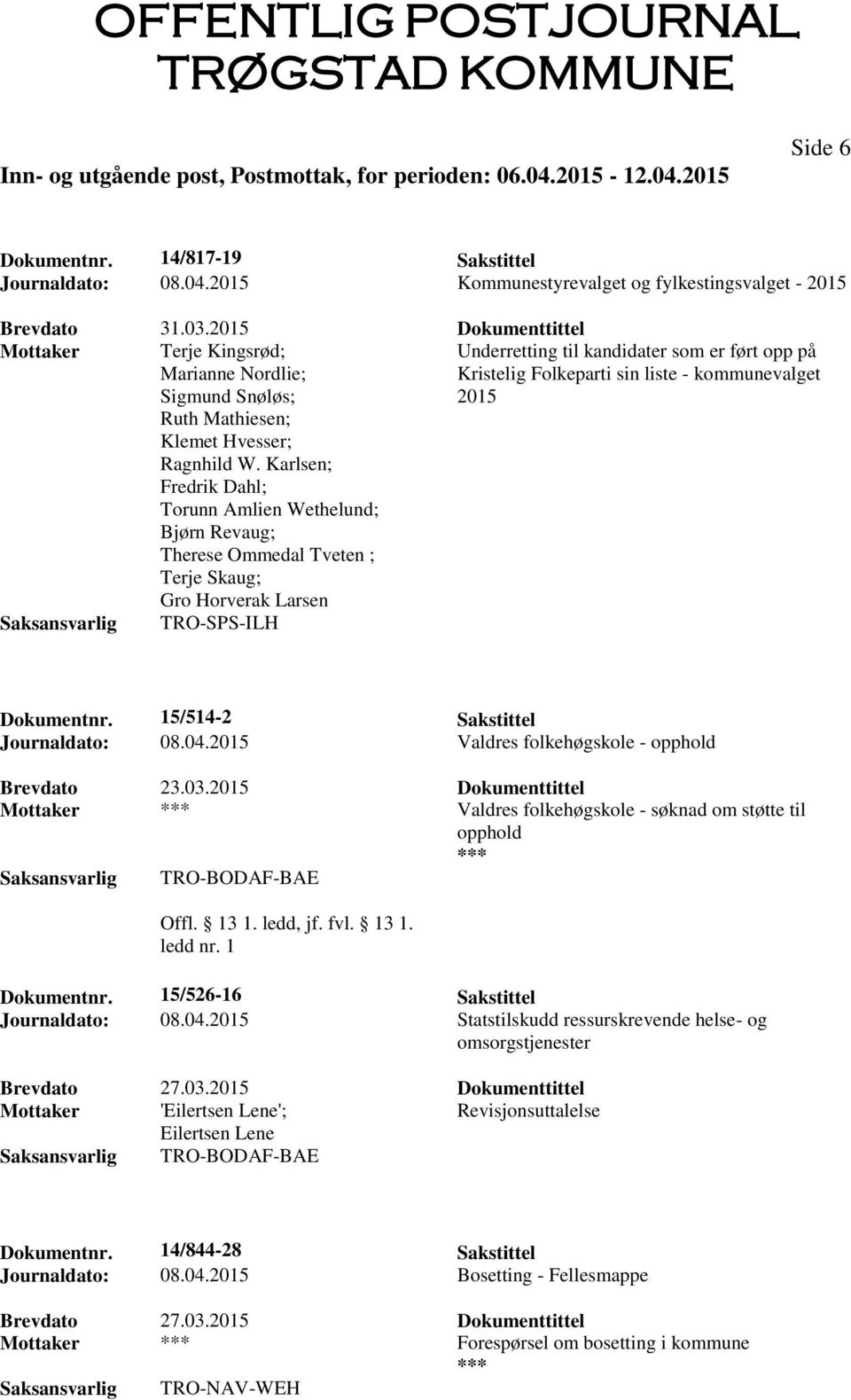 Klemet Hvesser; Ragnhild W. Karlsen; Fredrik Dahl; Torunn Amlien Wethelund; Bjørn Revaug; Therese Ommedal Tveten ; Terje Skaug; Gro Horverak Larsen TRO-SPS-ILH Dokumentnr.