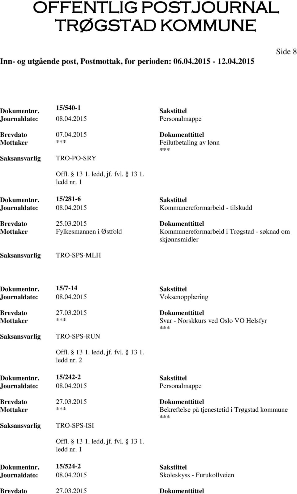 2015 Dokumenttittel Mottaker Fylkesmannen i Østfold Kommunereformarbeid i Trøgstad - søknad om skjønnsmidler TRO-SPS-MLH Dokumentnr. 15/7-14 Sakstittel Journaldato: 08.04.