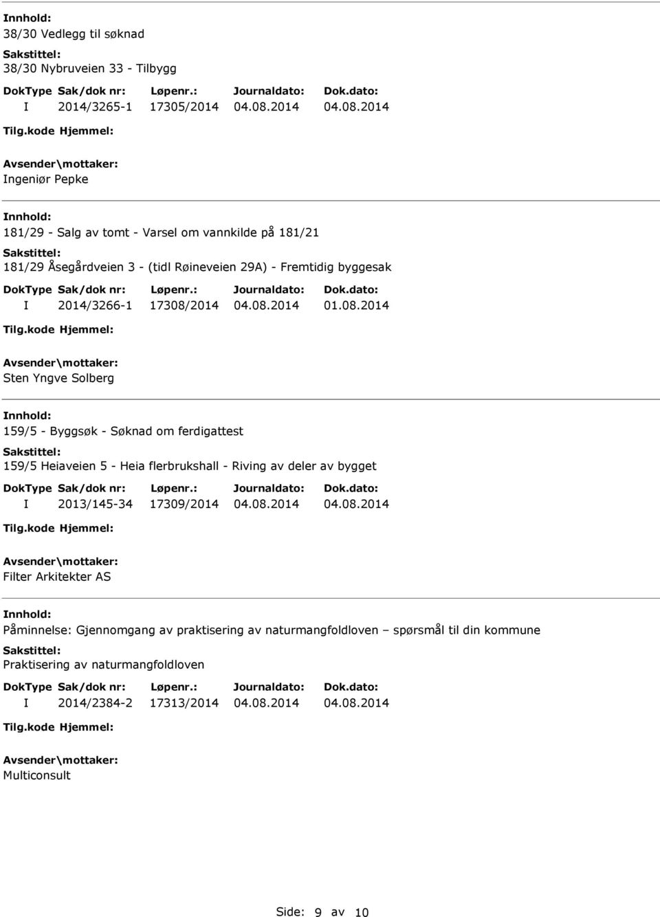 om ferdigattest 159/5 Heiaveien 5 - Heia flerbrukshall - Riving av deler av bygget 2013/145-34 17309/2014 Filter Arkitekter AS nnhold: Påminnelse: