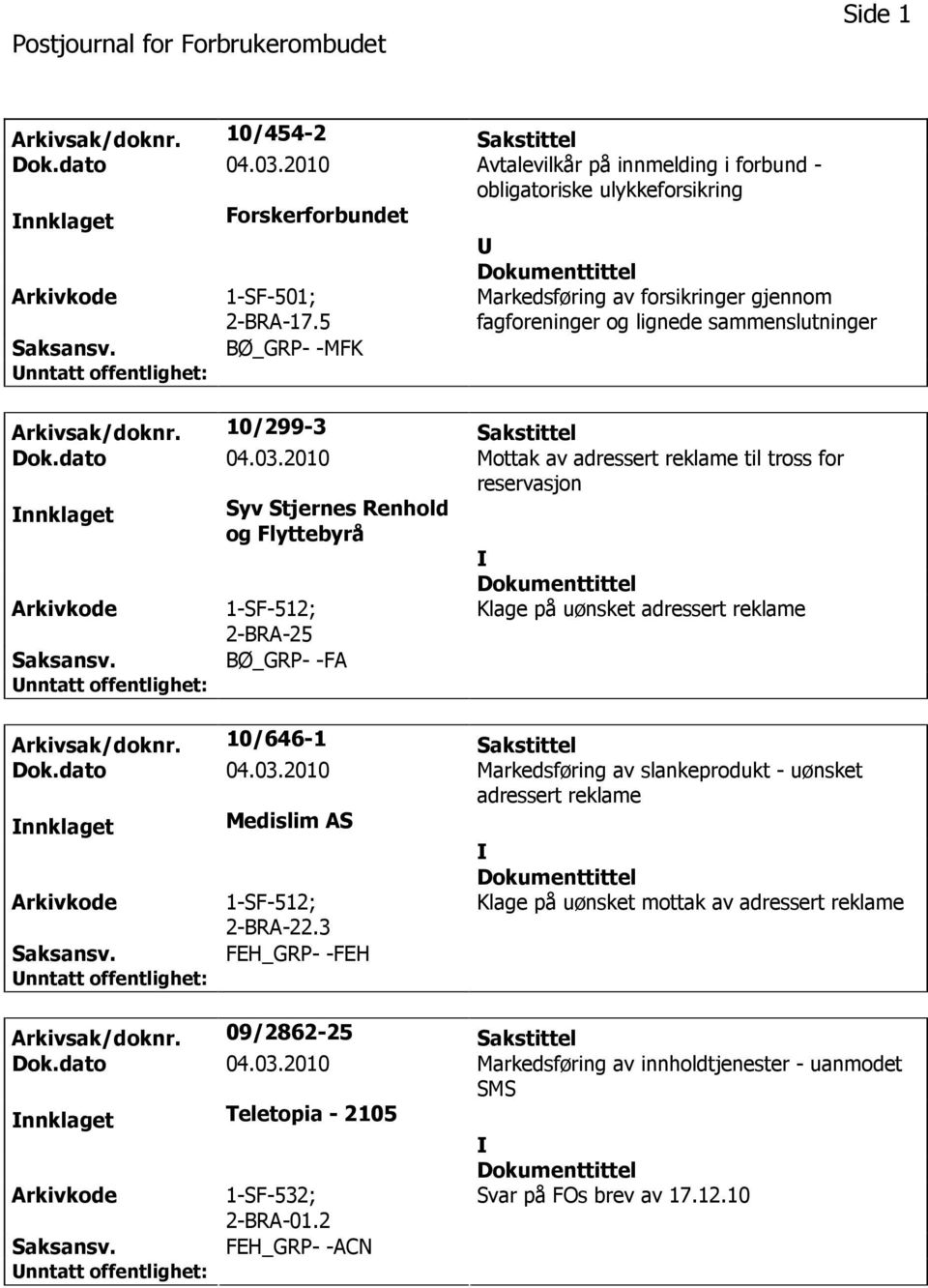 2010 Mottak av adressert reklame til tross for reservasjon nnklaget Syv Stjernes Renhold og Flyttebyrå 1-SF-512; Klage på uønsket adressert reklame BØ_GRP- -FA Arkivsak/doknr. 10/646-1 Sakstittel Dok.