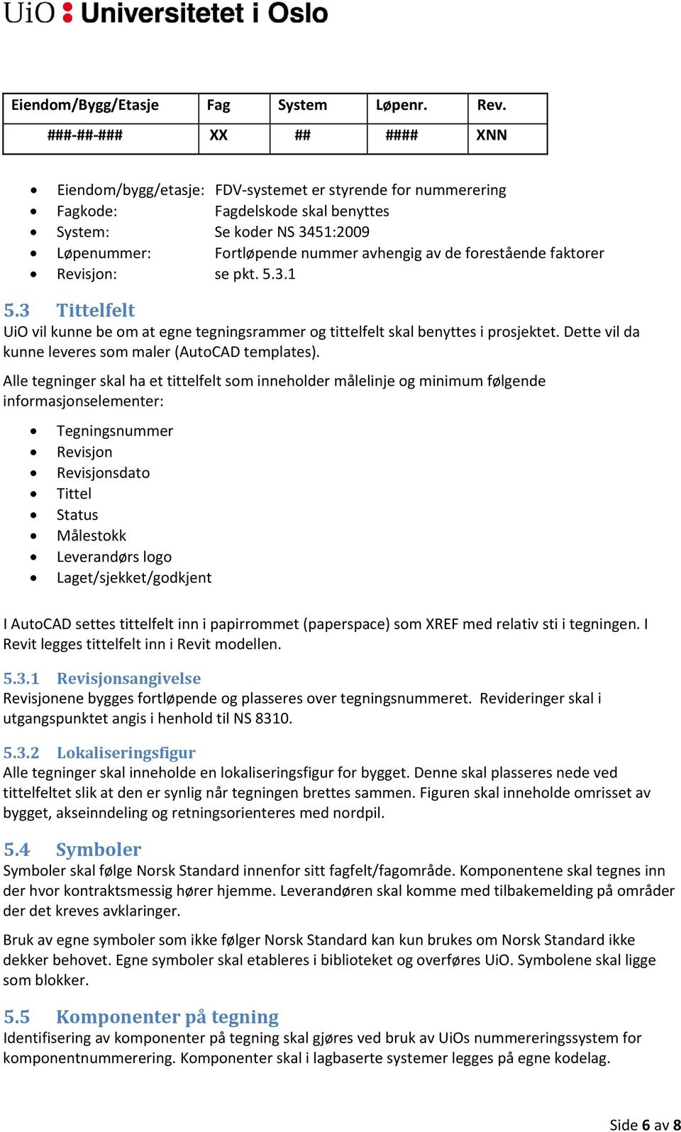 forestående faktorer Revisjon: se pkt. 5.3.1 5.3 Tittelfelt UiO vil kunne be om at egne tegningsrammer og tittelfelt skal benyttes i prosjektet.