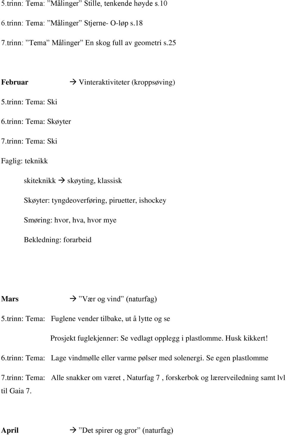 trinn: Tema: Ski Faglig: teknikk skiteknikk skøyting, klassisk Skøyter: tyngdeoverføring, piruetter, ishockey Smøring: hvor, hva, hvor mye Bekledning: forarbeid Mars Vær og vind (naturfag) 5.