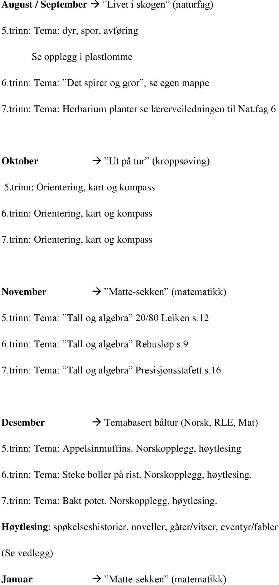 trinn: Orientering, kart og kompass November 5.trinn: Tema: Tall og algebra 20/80 Leiken s.12 6.trinn: Tema: Tall og algebra Rebusløp s.9 7.trinn: Tema: Tall og algebra Presisjonsstafett s.