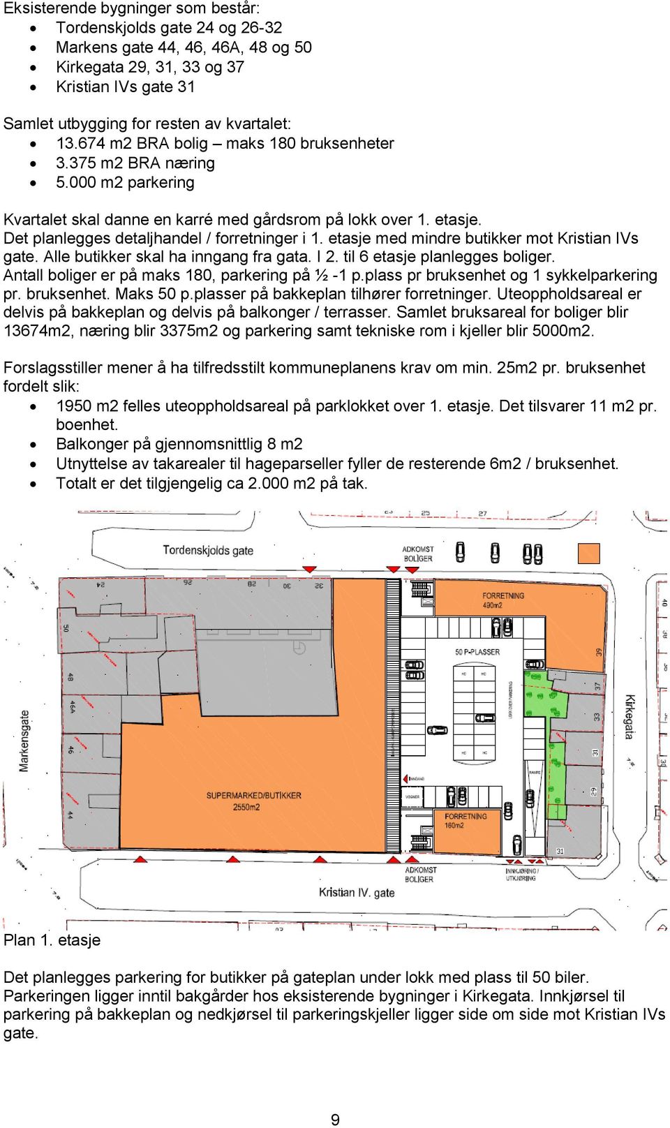 etasje med mindre butikker mot Kristian IVs gate. Alle butikker skal ha inngang fra gata. I 2. til 6 etasje planlegges boliger. Antall boliger er på maks 180, parkering på ½ -1 p.