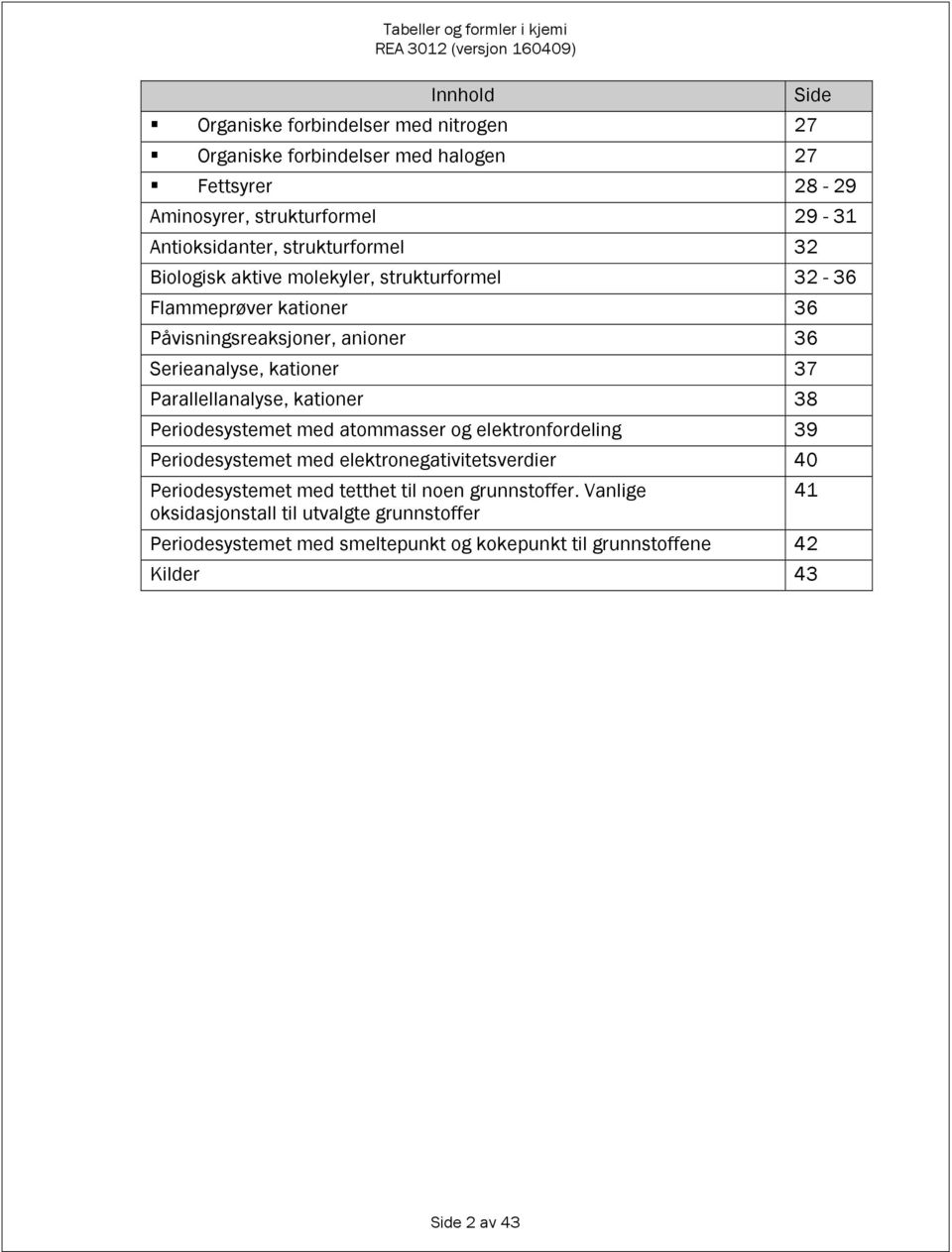 Parallellanalyse, kationer 8 Periodesystemet med atommasser og elektronfordeling 9 Periodesystemet med elektronegativitetsverdier 40 Periodesystemet med