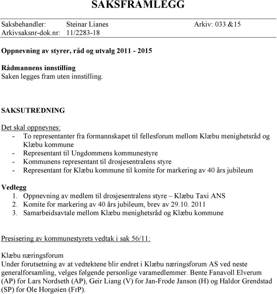 til drosjesentralens styre - Representant for Klæbu kommune til komite for markering av 40 års jubileum Vedlegg 1. Oppnevning av medlem til drosjesentralens styre Klæbu Taxi ANS 2.