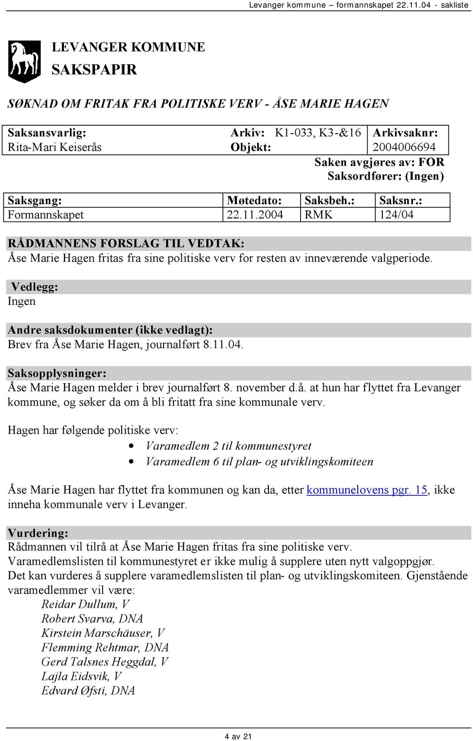 2004 RMK 124/04 RÅDMANNENS FORSLAG TIL VEDTAK: Åse Marie Hagen fritas fra sine politiske verv for resten av inneværende valgperiode.