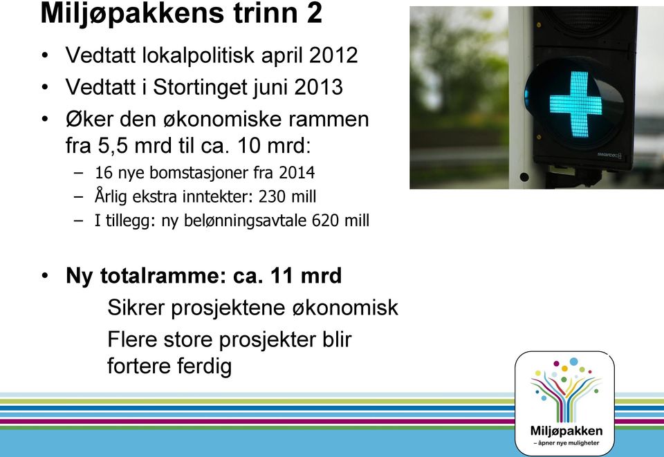 10 mrd: 16 nye bomstasjoner fra 2014 Årlig ekstra inntekter: 230 mill I tillegg: ny