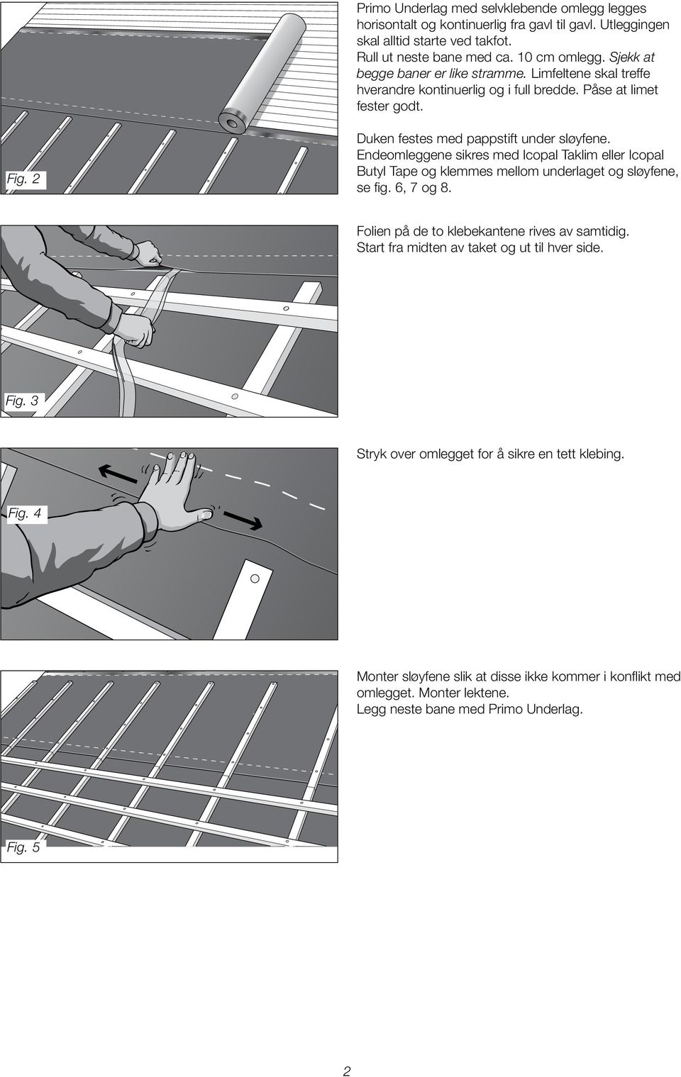 Butyl Tape og klemmes mellom underlaget og sløyfene, se fig. 6, 7 og 8. Folien på de to klebekantene rives av samtidig. Start fra midten av taket og ut til hver side. Fig.