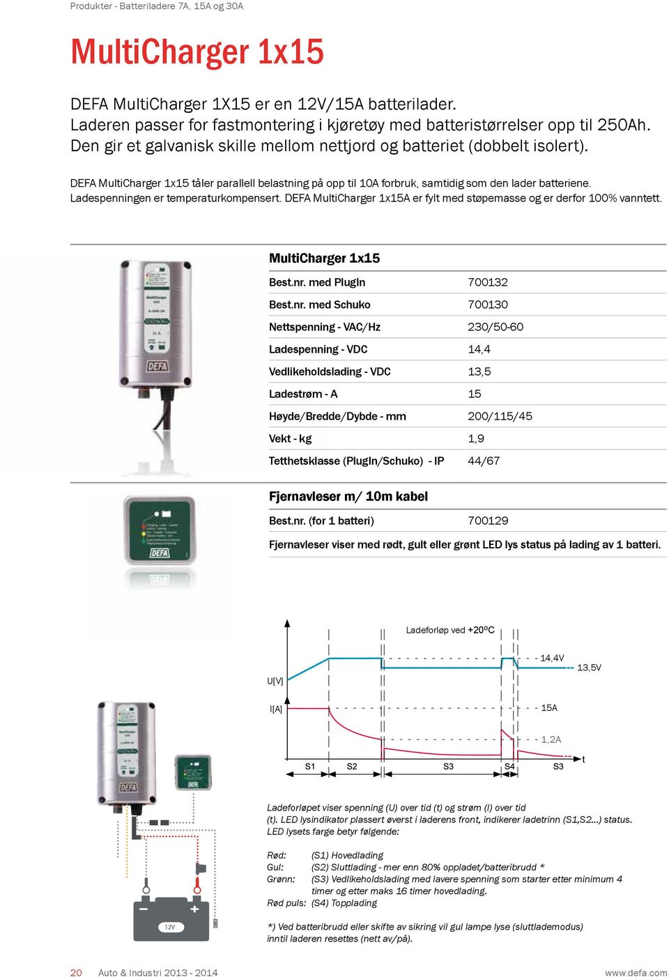 Ladespenningen er temperaturkompensert. DEFA MultiCharger 1x15A er fylt med støpemasse og er derfor 100% vanntett. MultiCharger 1x15 Best.nr.