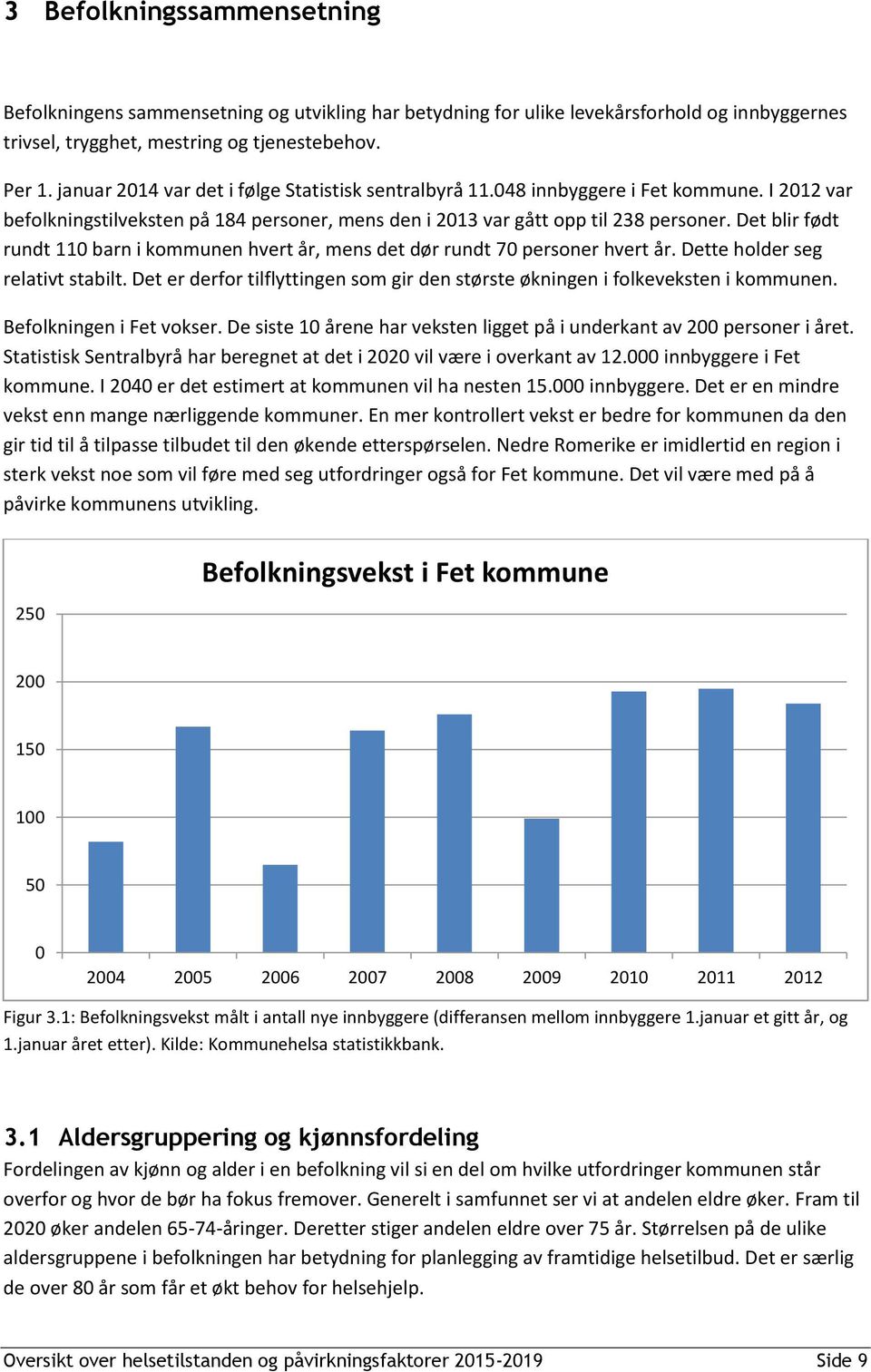 Det blir født rundt 11 barn i kommunen hvert år, mens det dør rundt 7 personer hvert år. Dette holder seg relativt stabilt.