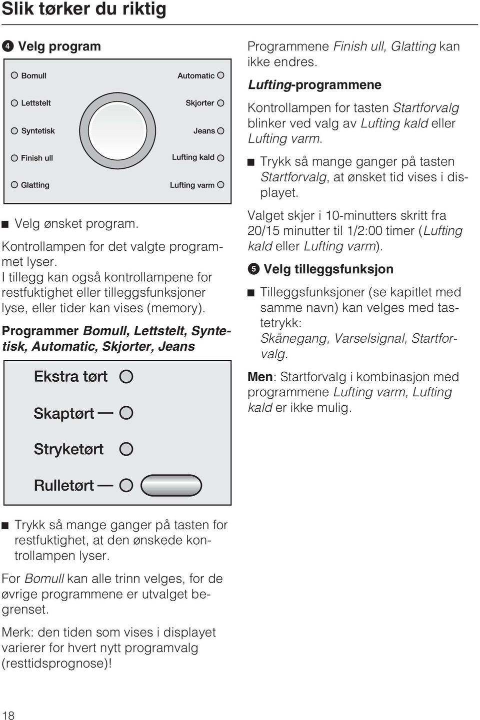 Programmer Bomull, Lettstelt, Syntetisk, Automatic, Skjorter, Jeans Programmene Finish ull, Glatting kan ikke endres.