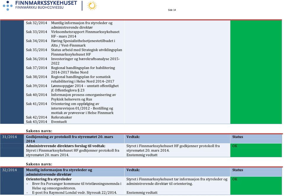 Nord Sak 38/2014 Regional handlingsplan for somatisk rehabilitering i Helse Nord 2014 2017 Sak 39/2014 Lønnsoppgjør 2014 unntatt offentlighet jf.