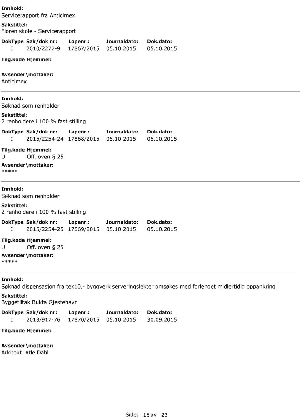 17868/2015 nnhold: 2015/2254-25 17869/2015 nnhold: Søknad dispensasjon fra tek10,- byggverk