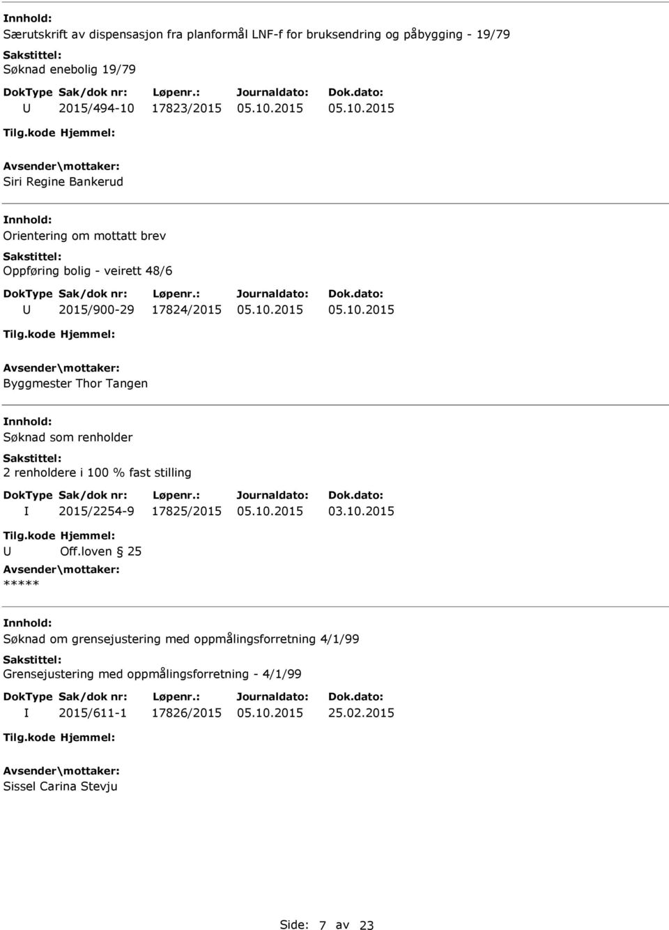 2015/900-29 17824/2015 Byggmester Thor Tangen nnhold: 2015/2254-9 17825/2015 nnhold: Søknad om grensejustering med