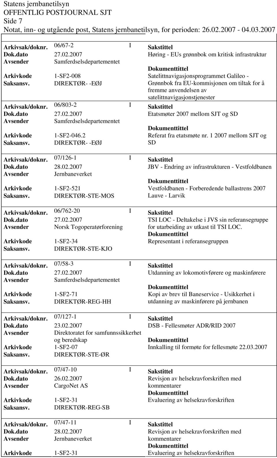 for å fremme anvendelsen av satelittnavigasjonstjenester Arkivsak/doknr. 06/803-2 I Sakstittel Etatsmøter 2007 mellom SJT og SD Avsender Samferdselsdepartementet Arkivkode 1-SF2-046.