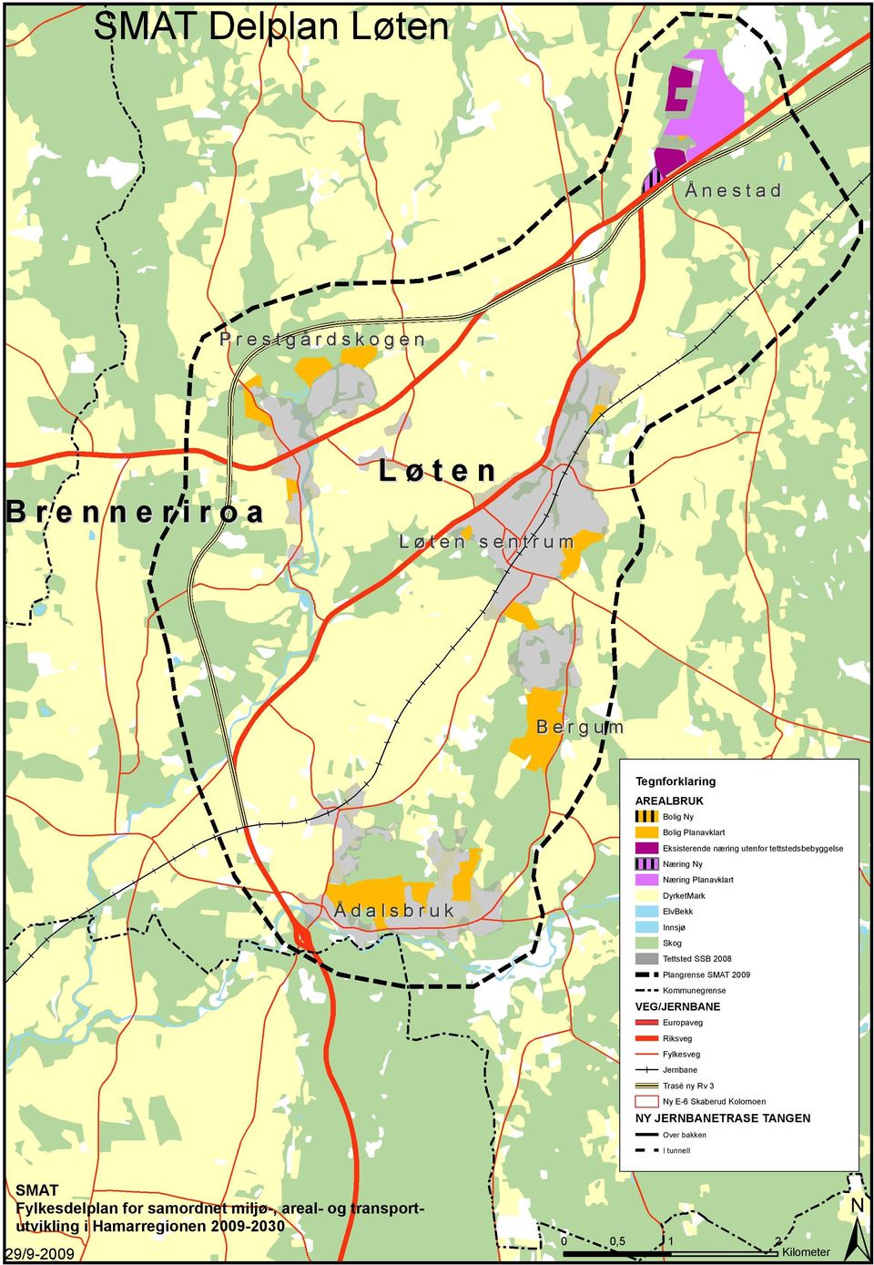 Skog Tettsted SSB 2008 Plangrense SMAT 2009 Kommunegrense VEG/JERNBANE Europaveg Riksveg Fylkesveg Jernbane Trasé ny Rv 3 Ny E-6 Skaberud Kolomoen NY