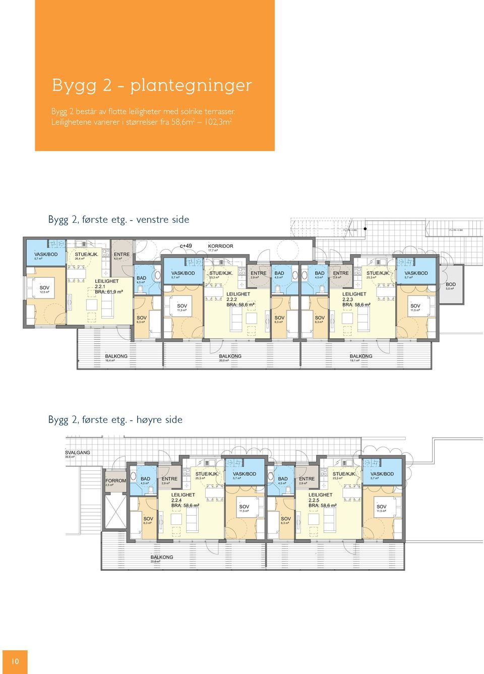 venstre side / 26,4 m c+49 KORRIDOR 17,7 m SVAL 39,6 m 12,5 m 2.2.1 BRA: 61,9 m / 2.2.2 2.2.3 / 16,4 m 20,0 m 19,1 m Bygg 2, første etg.