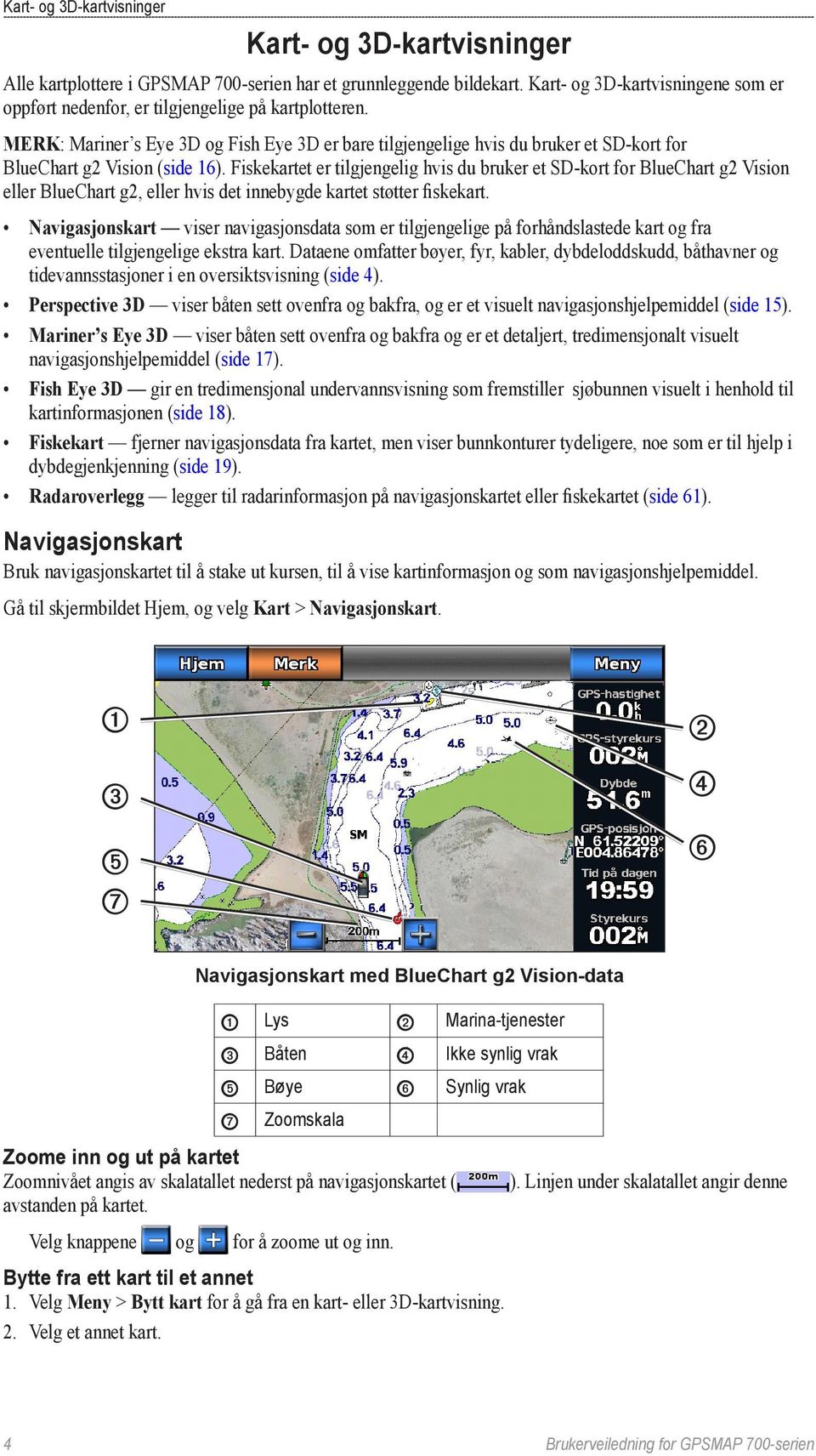 Merk: Mariner s Eye 3D og Fish Eye 3D er bare tilgjengelige hvis du bruker et SD-kort for BlueChart g2 Vision (side 16).