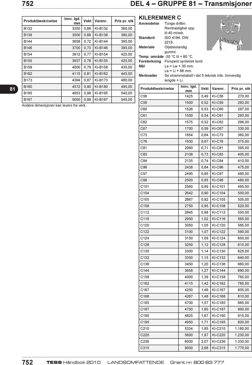 KI-B158 435,00 B162 4115 0, KI-B162 445,00 B173 4394 0,87 KI-B173 480,00 B180 4572 0,90 KI-B180 495,00 B195 4953 0,98 KI-B195 540,00 B197 5000 0,99 KI-B197 545,00 KILEREMMER C Anvendelse Tunge