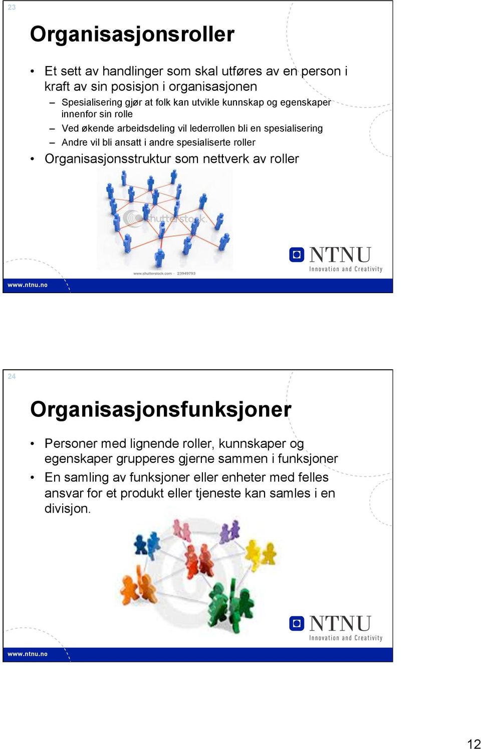 spesialiserte roller Organisasjonsstruktur som nettverk av roller 24 Organisasjonsfunksjoner Personer med lignende roller, kunnskaper og egenskaper