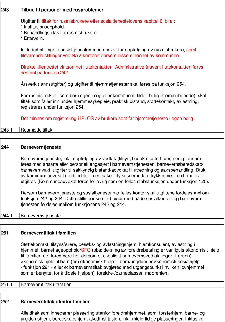 Direkte klientrettet virksomhet i utekontakten. Administrative årsverk i utekontakten føres derimot på funsjon 242. Årsverk (lønnsutgifter) og utgifter til hjemmetjenester skal føres på funksjon 254.