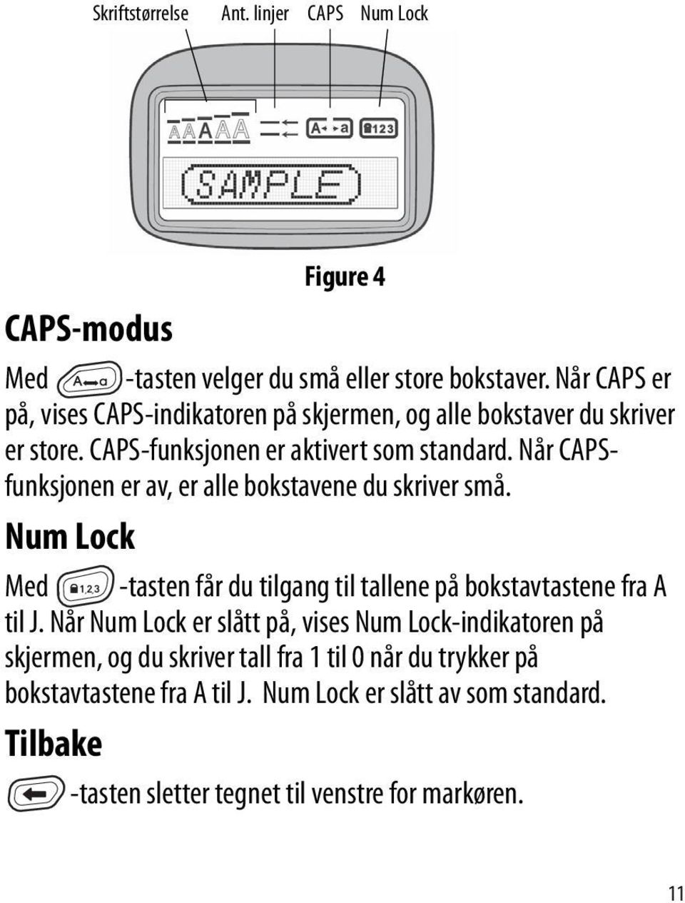 Når CAPSfunksjonen er av, er alle bokstavene du skriver små. Num Lock Med -tasten får du tilgang til tallene på bokstavtastene fra A til J.