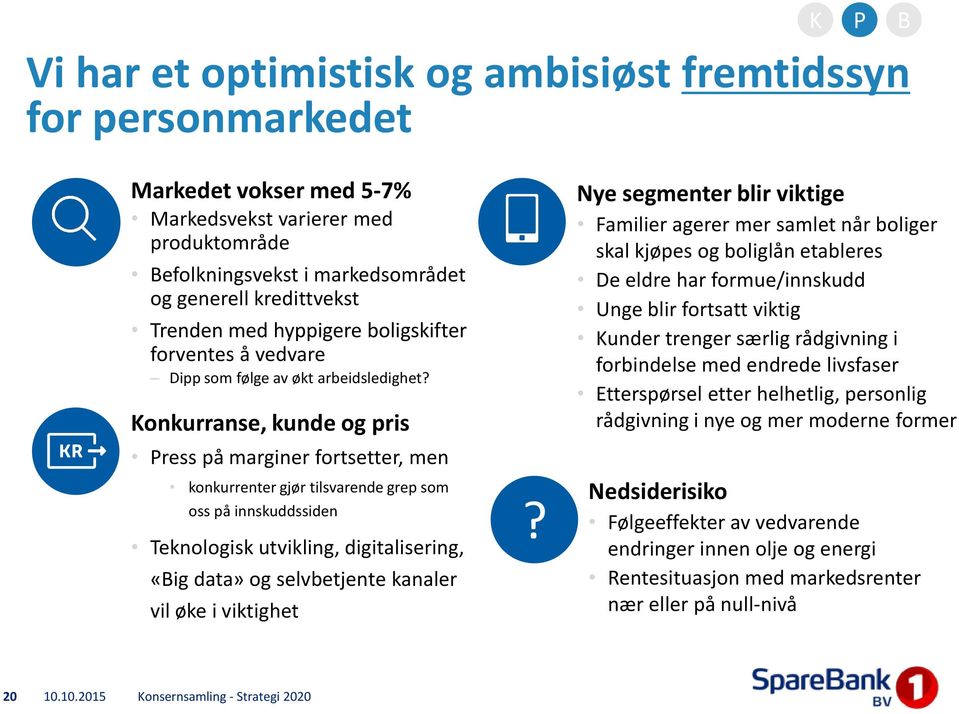 Konkurranse, kunde og pris Press på marginer fortsetter, men konkurrenter gjør tilsvarende grep som oss på innskuddssiden Teknologisk utvikling, digitalisering, «Big data» og selvbetjente kanaler vil