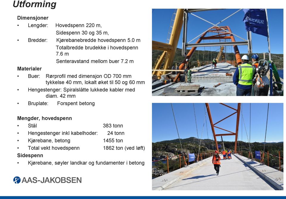 2 m Buer: Rørprofil med dimensjon OD 700 mm tykkelse 40 mm, lokalt øket til 50 og 60 mm Hengestenger: Spiralslåtte lukkede kabler med diam.