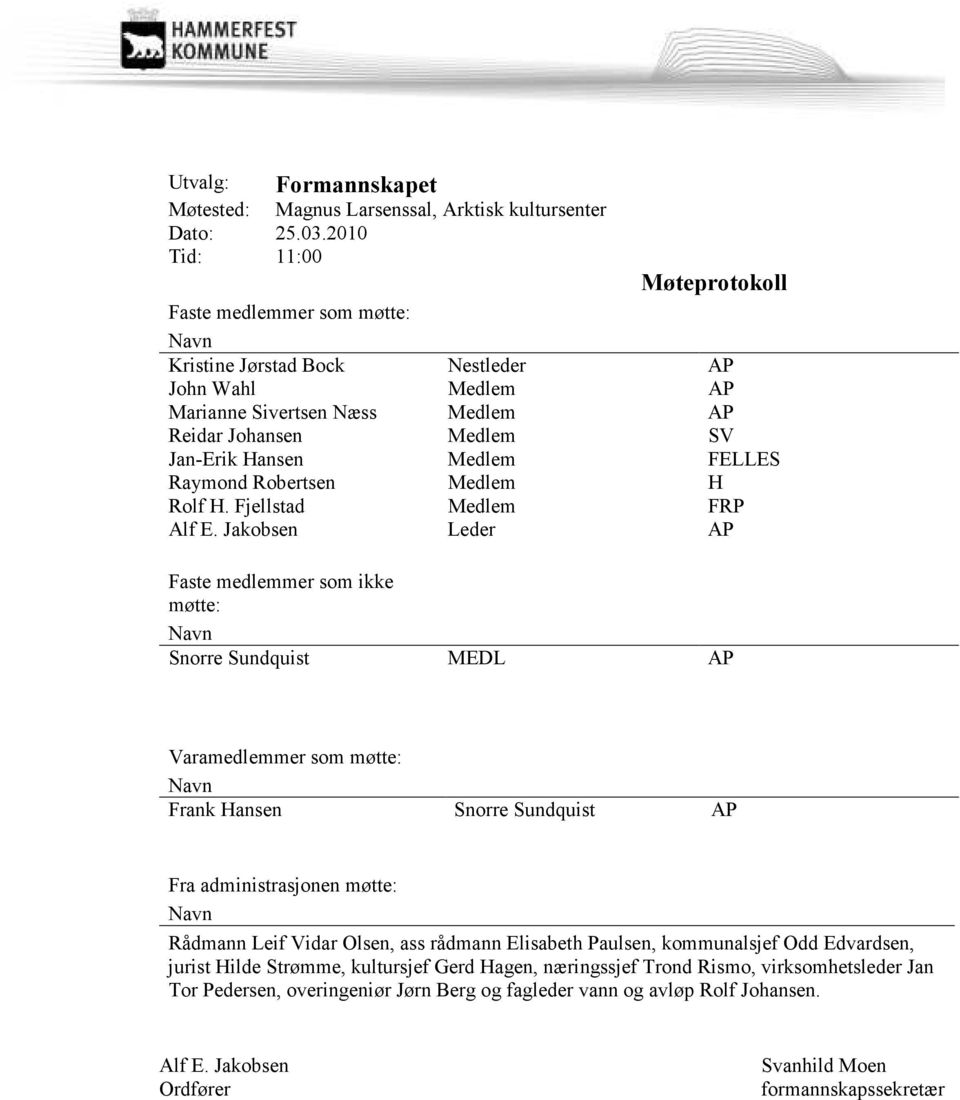 FELLES Raymond Robertsen Medlem H Rolf H. Fjellstad Medlem FRP Alf E.