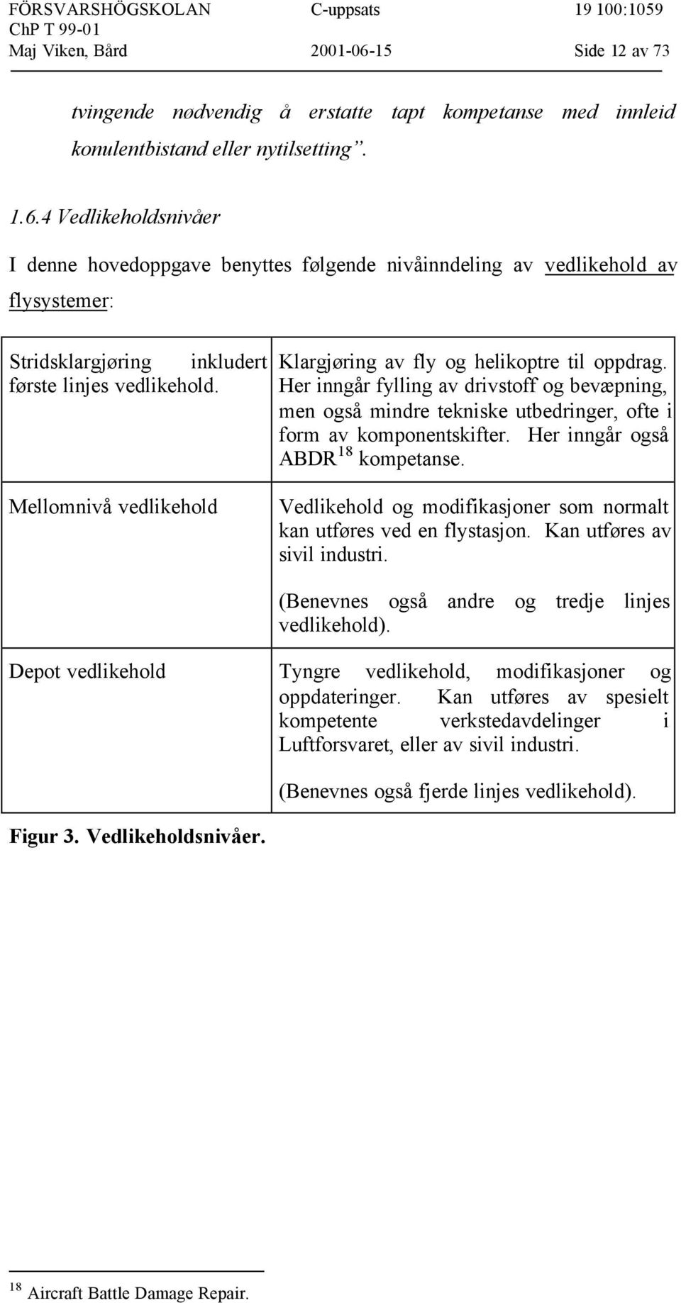 Her inngår også ABDR 18 kompetanse. Vedlikehold og modifikasjoner som normalt kan utføres ved en flystasjon. Kan utføres av sivil industri. (Benevnes også andre og tredje linjes vedlikehold).