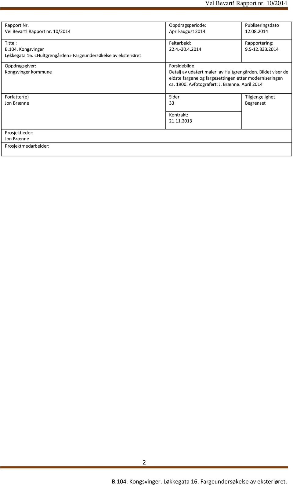 2014 Rapportering: 9.5-12.833.2014 Oppdragsgiver: Kongsvinger kommune Forsidebilde Detalj av udatert maleri av Hultgrengården.