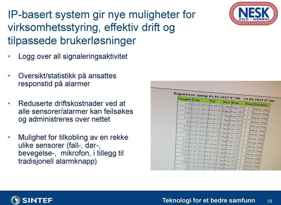 driftskostnader ved at alle sensorer/alarmer kan feilsøkes og administreres over nettet Mulighet for